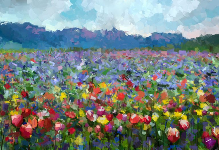 Painting of flowers in a field.