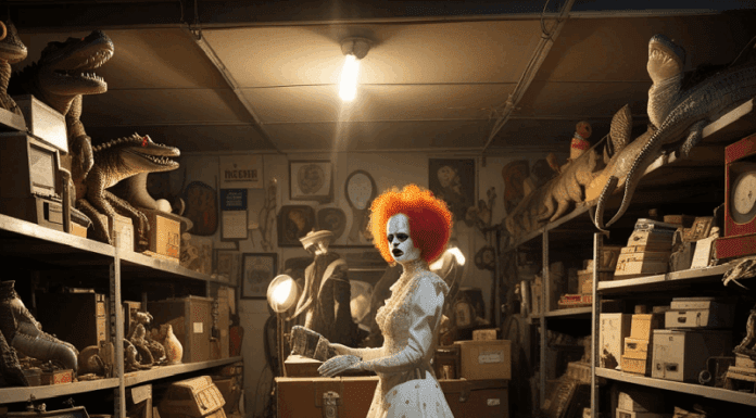 Creepy woman clown standing in a storage closet.