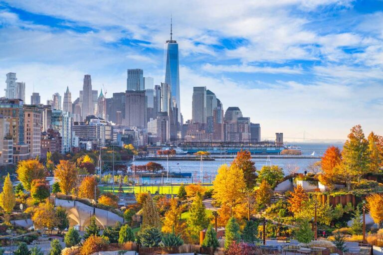 New York, New York, USA view of the financial district skyline in Lower Manhattan in autumn