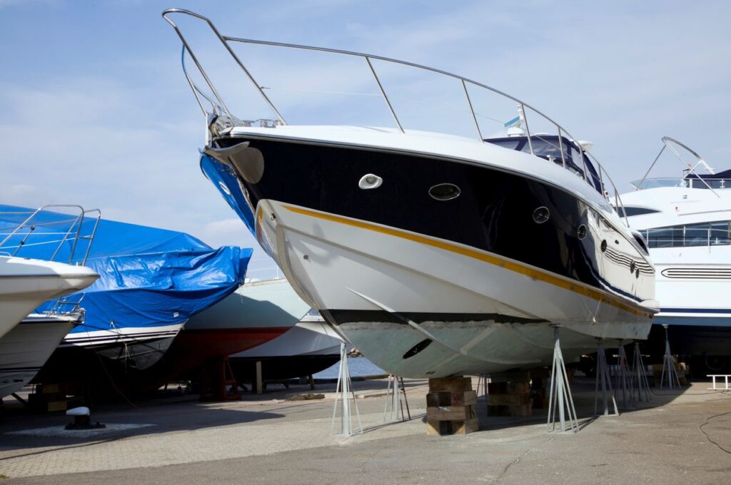 Luxury boat docked on land. 